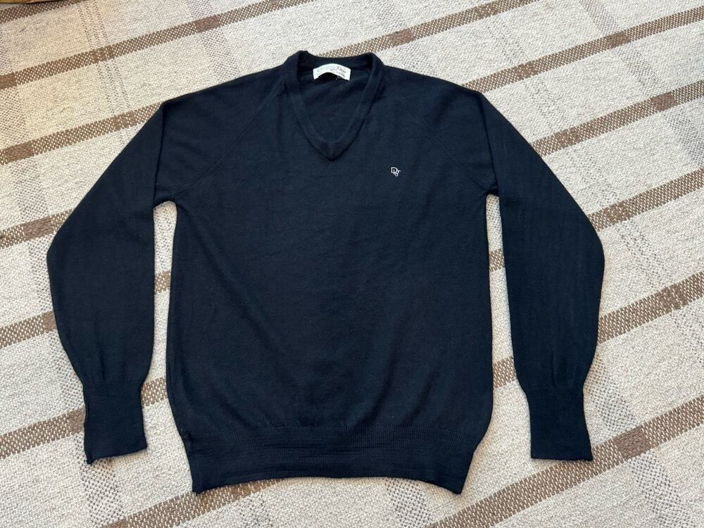 Vtg Christian Dior Monsieur Men V Neck Black Sweater Medium Logo Preppy Grandpa